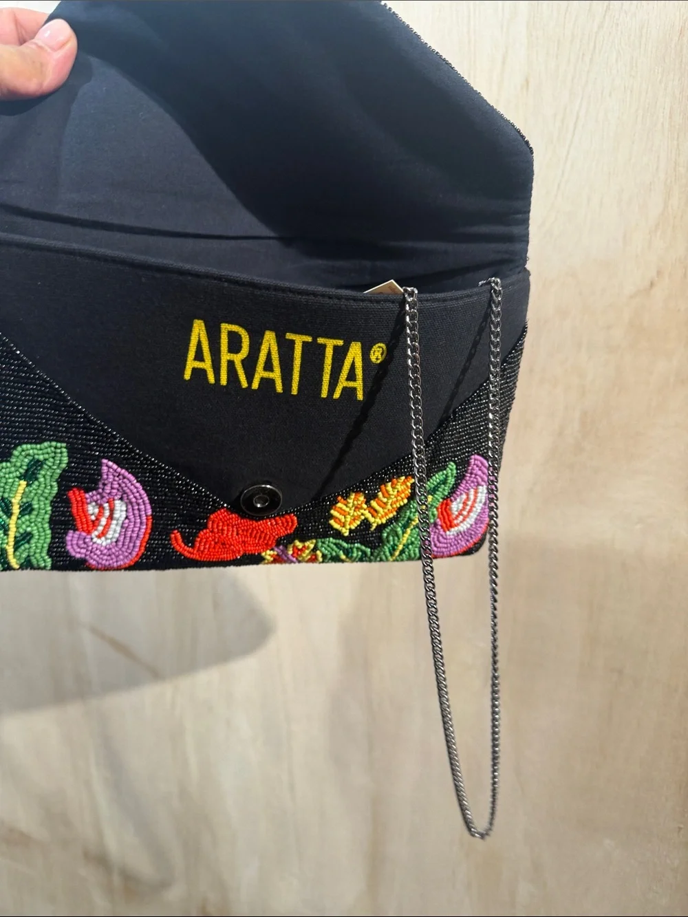 Aratta Black Beaded Floral Envelope Clutch with Multicolor Embroidery